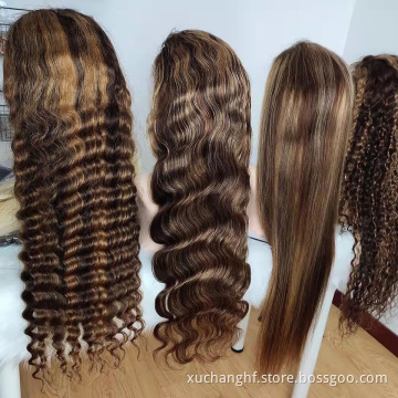 Glueless Highlight 26inch Water Wave Hair Wigs,Brazilian Virgin Lace Front Wig,Natural Pre-plucked Hairline Lace Frontal Wigs